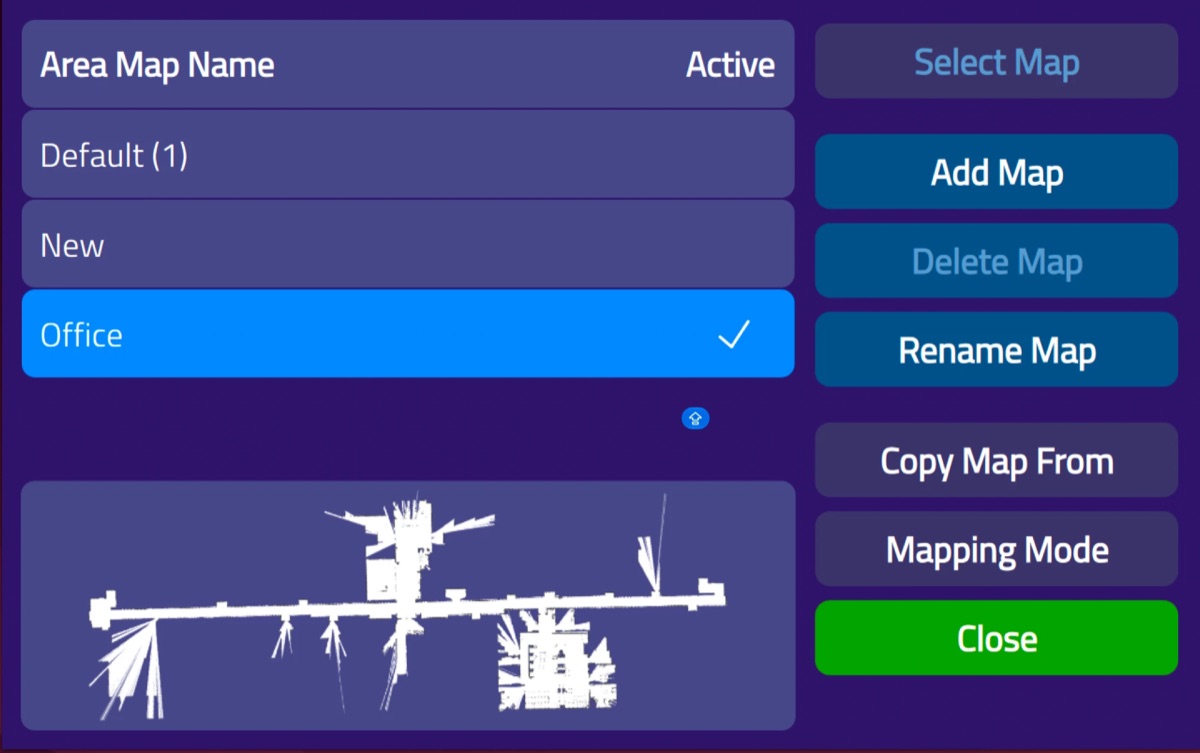 The Model C2 touchscreen listing saved area maps, with Add Map and Mapping Mode buttons