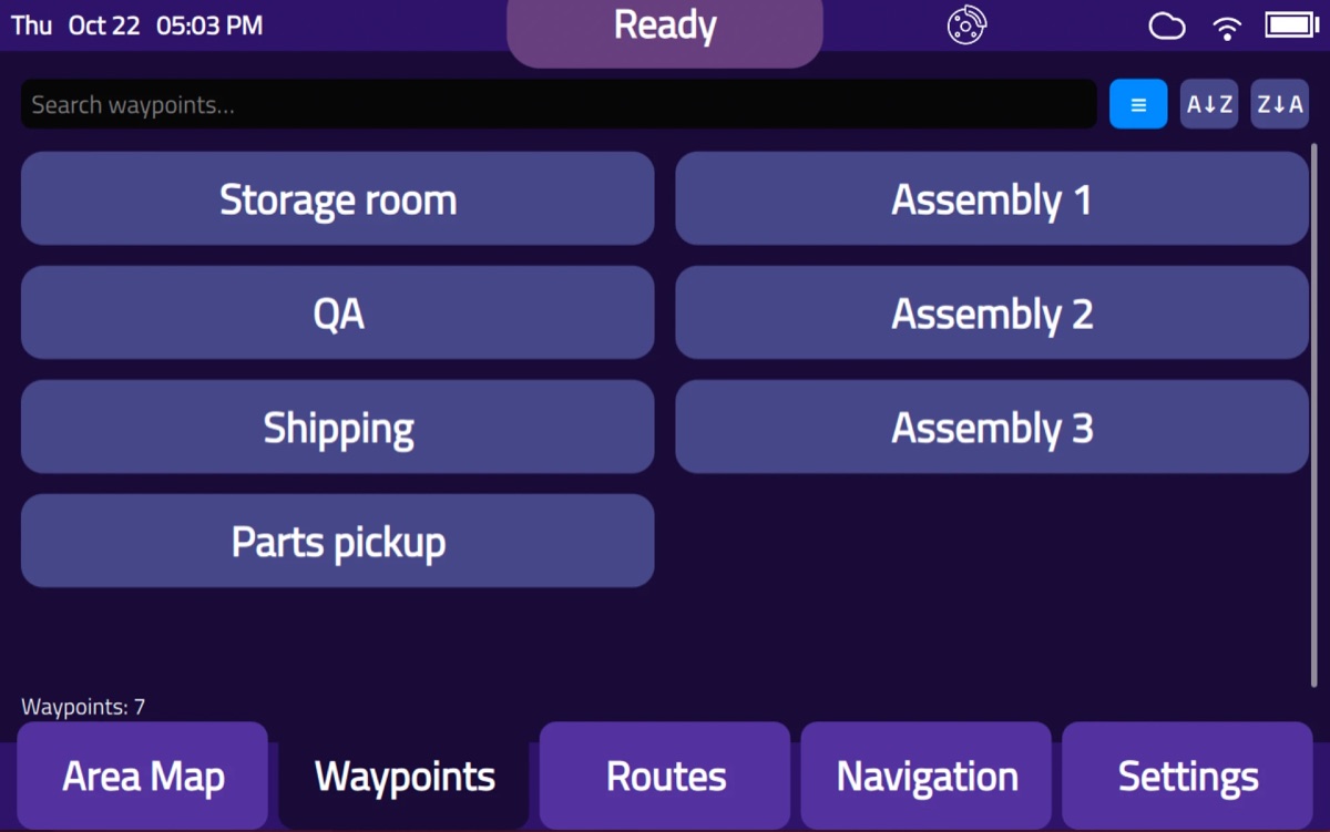 The Waypoints screen with stops named Storage room, Assembly 1, Assembly 2, Assembly 3, QA, Shipping, and Parts pickup