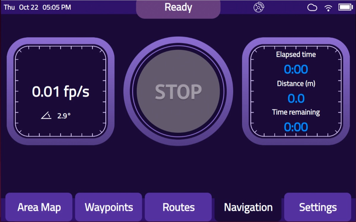The Model C2 Navigation screen with speed, a large STOP button, elapsed time, distance, and time remaining