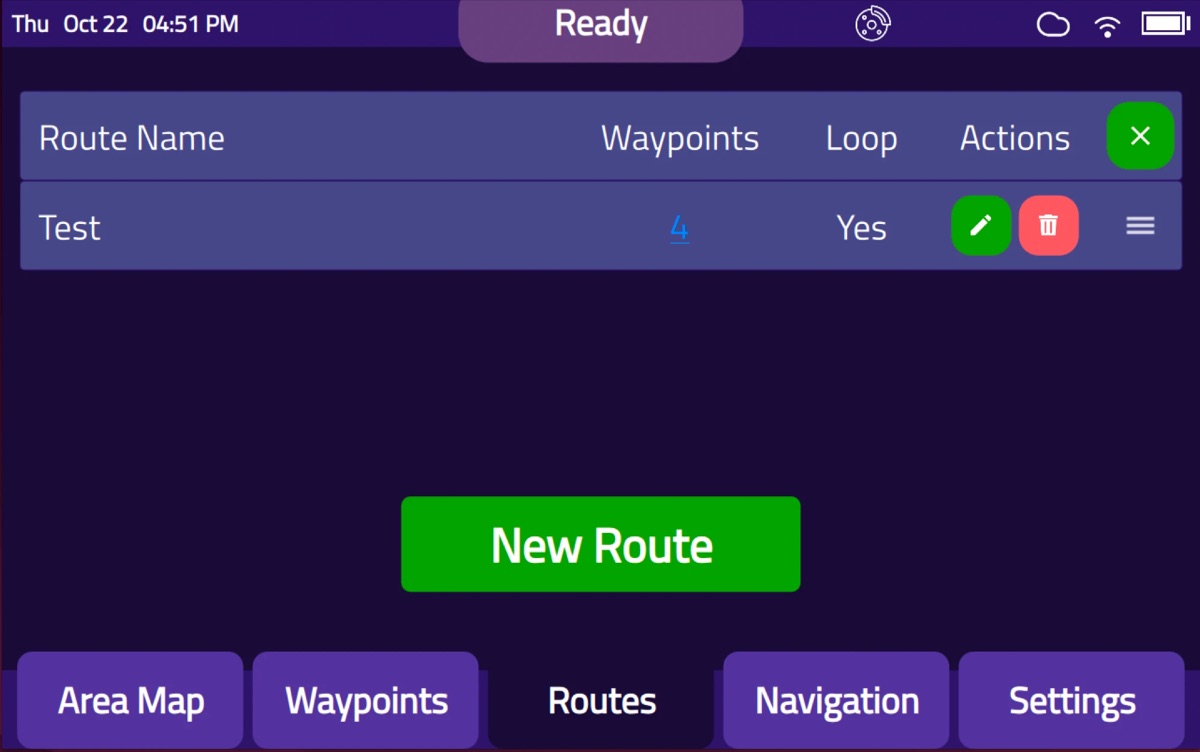 The Routes screen on the Model C2 touchscreen with a looping four-stop route and a New Route button