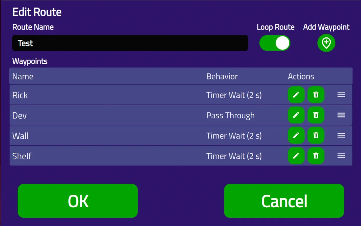 Model C2 touchscreen: Routes screen