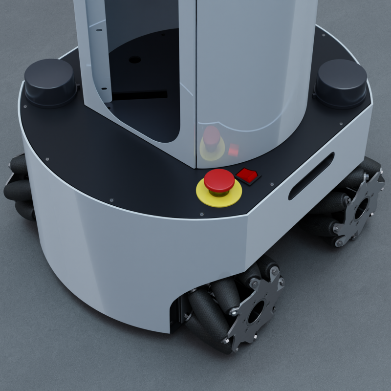 Model R2 Robot, front view mecanum wheels