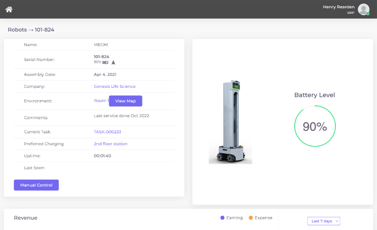 Cloud Connect Robotic Software Interface showcases the Model R2 Autonomous Mobile Robot (AMR Robot) for Material Handling and Object Manipulation Model R2 Robot default view