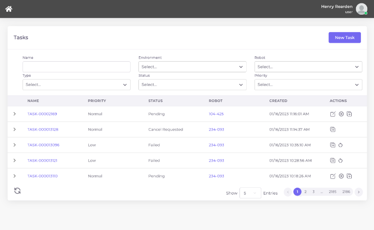 Cloud Connect client portal shows tasks list for Model R2 Robots