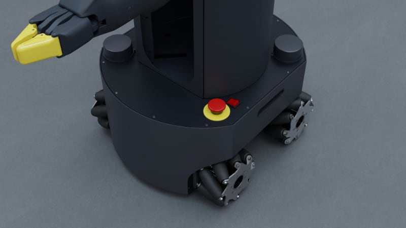 Model R2 Robot, front view mecanum wheels