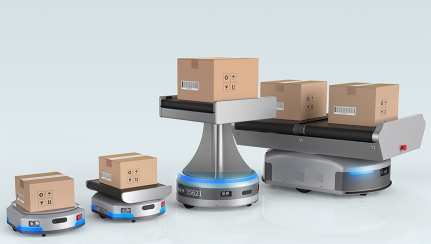 A line of different autonomous mobile robot (AMR) material transport models from company Conveyco, each carrying a box.