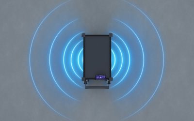 Model C2 Autonomous Mobile Robotic Cart (AMR) with LiDAR sensors for autonomous navigation and obstacle avoidance active on the mobile robot.
