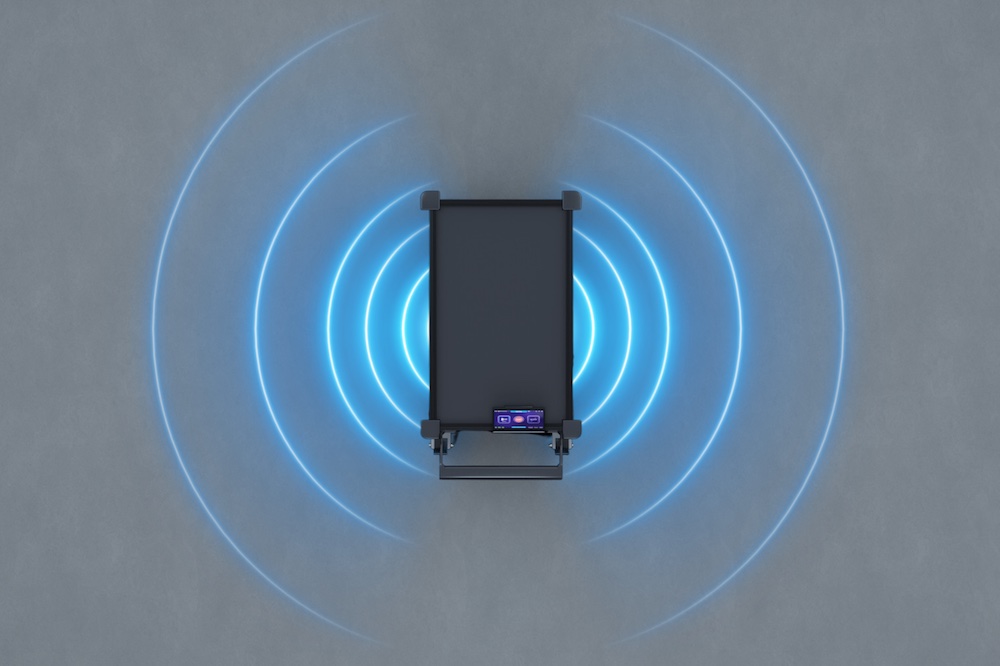 Model C2 Autonomous Mobile Robotic Cart (AMR) with LiDAR sensors for autonomous navigation and obstacle avoidance active on the mobile robot.