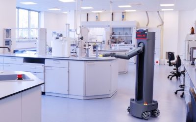 Model R2, an Autonomous Mobile Robot (AMR) for manipulation and handling of materials, by Quasi Robotics, aids a laboratory workflow process.