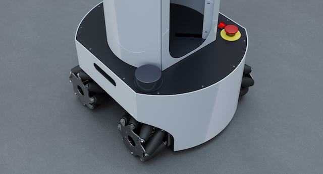 Picture showing the mecanum wheels featured on the Model R2 Autonomous Manipulator Robot, which allows the AMR mobile robot to pivot in place.