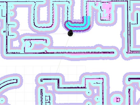 Top-down view of 2D map showing the Model R2 AMR Mobile Robot engaging in autonomous navigation