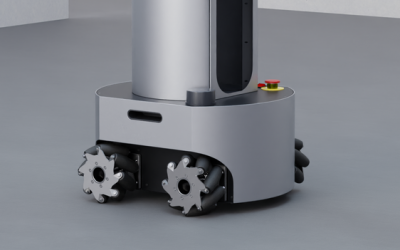 Side view of the bottom of grey Model R2, showcasing Mecanum Wheels feature of the autonomous mobile robot AMR for on-the-spot turning and agility