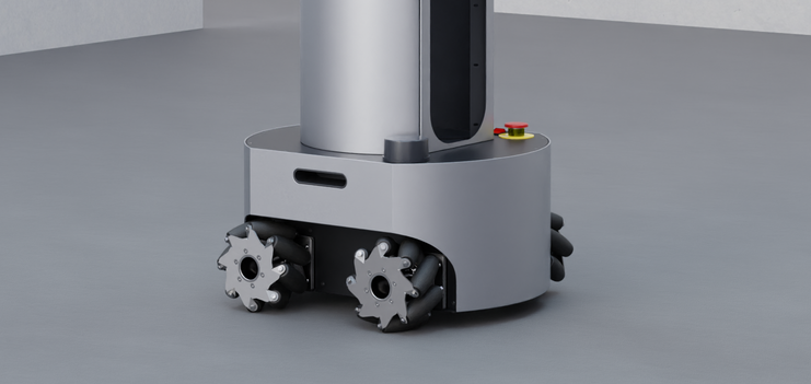 Side view of the bottom of grey Model R2, showcasing Mecanum Wheels feature of the autonomous mobile robot AMR for on-the-spot turning and agility