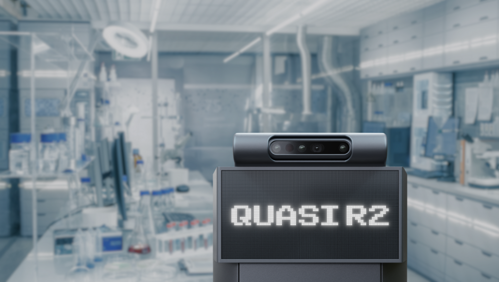 Quasi Model R2 Robot with Stereo Vision pictured with a background of a laboratory