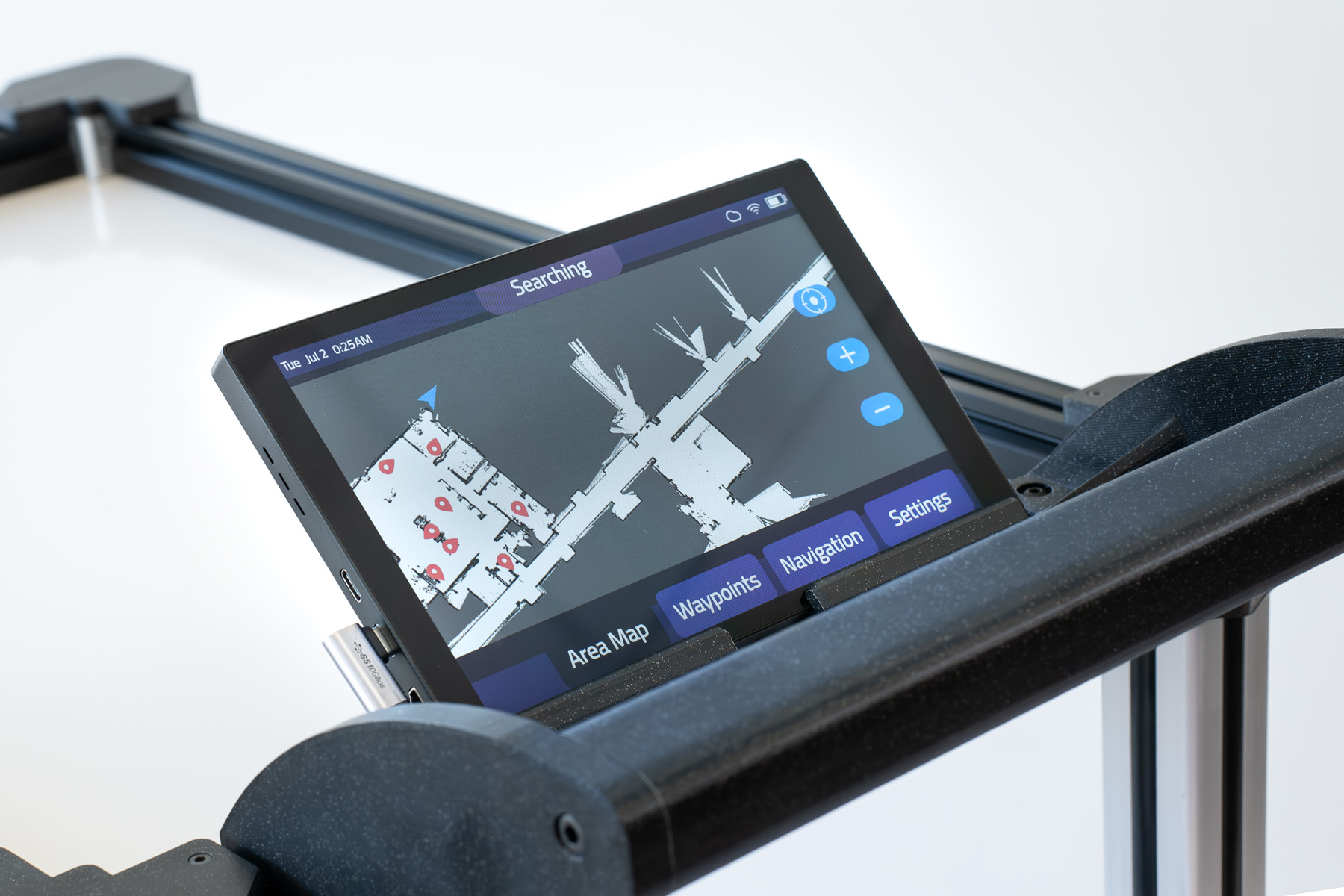 Map on Screen | New C2 Photos Close up of the LED touchscreen on the Model C2 autonomous material transport robot, featuring visual of a facility area map and user-defined Waypoints