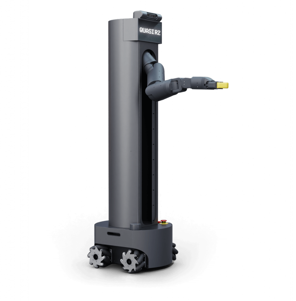 Model R2 mobile manipulator robot with its arm extended