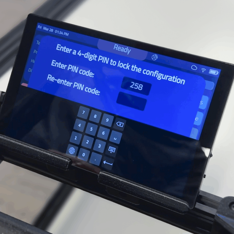 Touchscreen interface of the Model C2 autonomous mobile robot (AMR) showing a customer-requested feature of PIN-locking navigation settings to avoid unauthorized changes.