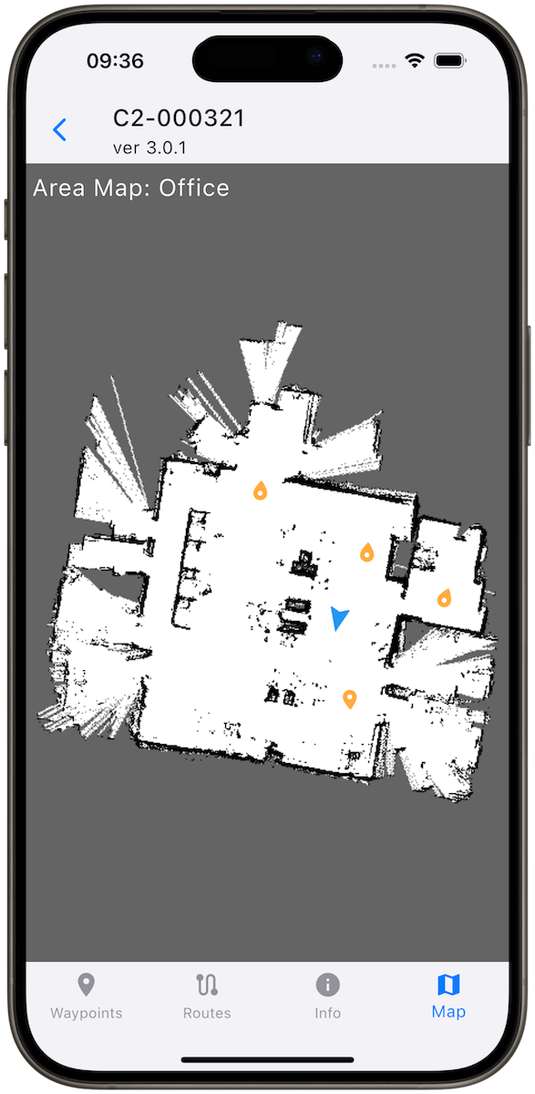 C2 Remote App - Map Tab - TinyPNG Screen of C2 Remote App with updated map view and live Model C2 location, allowing for realtime tracking and calling of the Model C2 autonomous cart.
