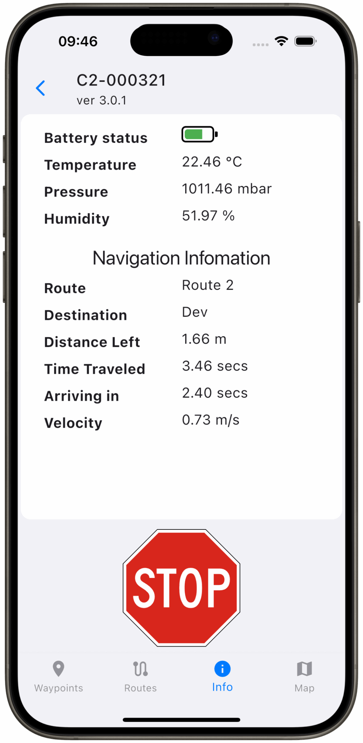 C2 Remote App Mock Up - Navigation Screen C2 Remote App - navigation screen with remote emergency stop and live environmental metrics