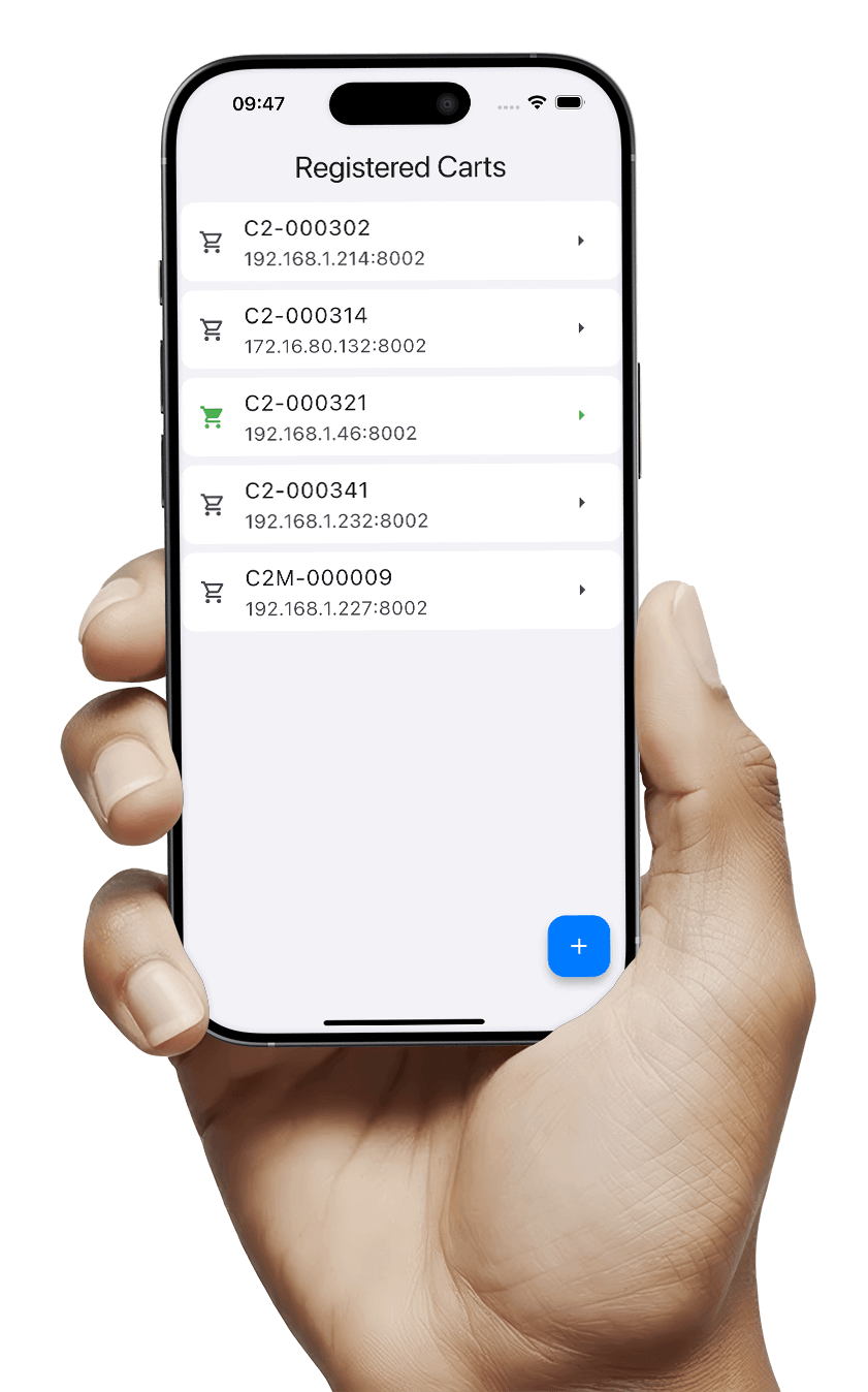 C2 Remote App - Mock Up - Registered Carts (1) User holding mobile phone with C2 Remote app, displaying their list of Registered Model C2 Carts for autonomous material delivery