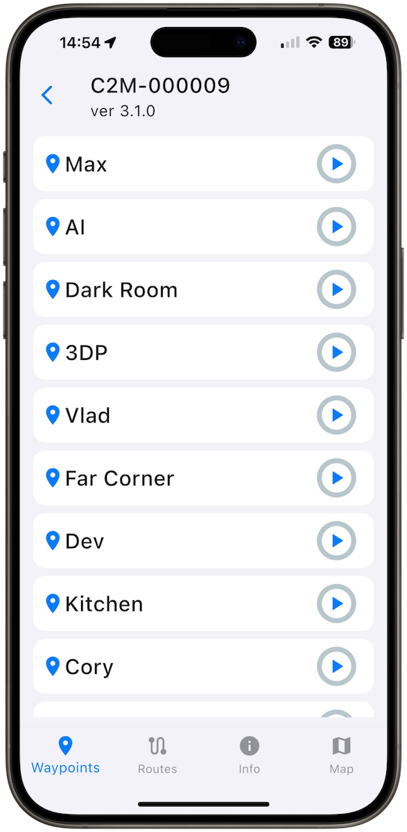 C2 Remote Mockup 1 - Waypoints C2 Remote App - updated list of Waypoints for remote control and calling of the Model C2 autonomous cart.