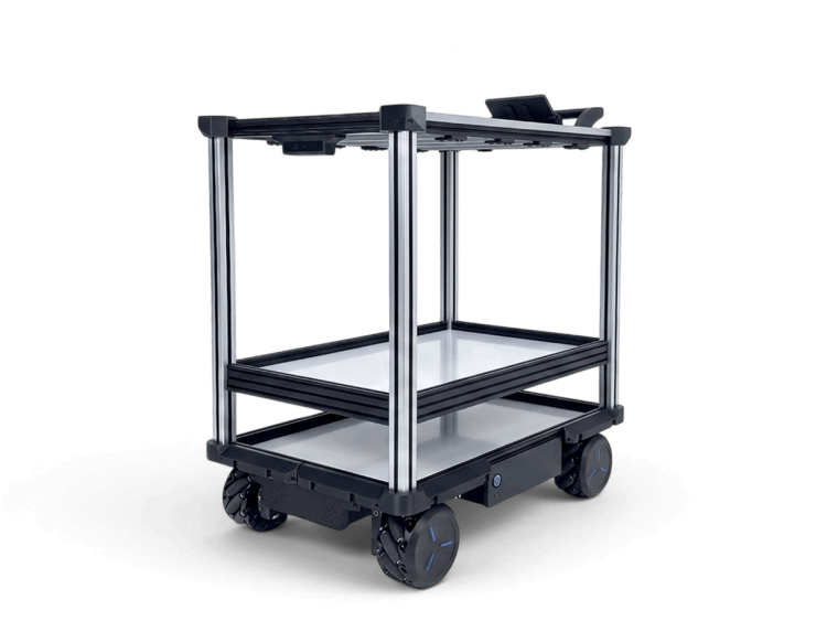 Quasi Robotics C2 Heavy autonomous mobile cart with a 500-lb capacity, featuring a multi-tiered industrial design and omnidirectional wheels on a white background.