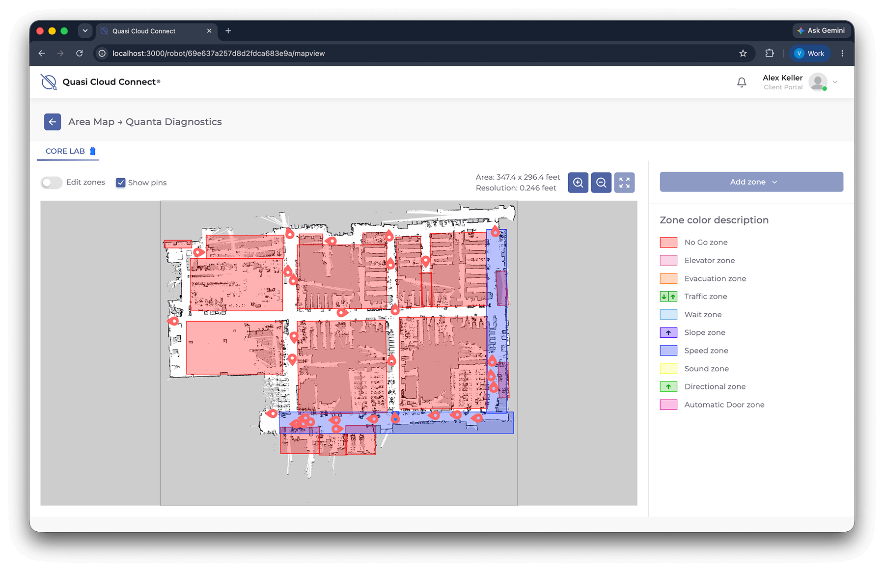 CC v3.5 - Area Map - ScreenShot - TinyPNG Robot area map in the Cloud Connect AMR interface, showing a facility floor plan with color-coded no-go and speed zones and waypoint pins
