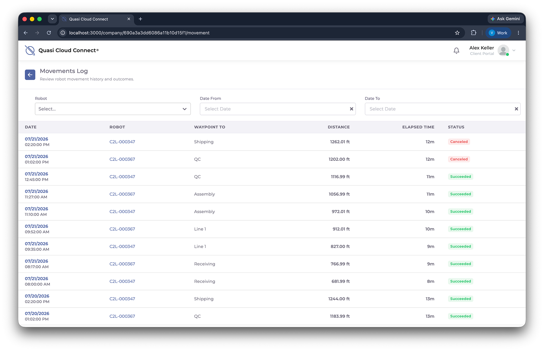 CC v3.5 - Movement Log - Screenshot Movements Log in Quasi Cloud Connect AMR Interface, listing robot trips by date, destination waypoint, distance, elapsed time, and status